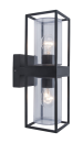 Moderne schwarze Außenwandleuchte mit zwei Glühbirnen, Glaszylinder und eckigem Metallrahmen.