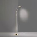 Moderne LED-Stehlampe aus Metall in Gold, minimalistisch, auf grauem Hintergrund, energiesparende Beleuchtung.