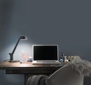 Moderner Schreibtisch mit Laptop, Schreibtischlampe, Glas, Stift und Dekoration vor grauer Wand.