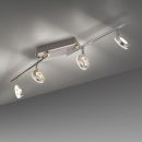 Moderne LED-Deckenleuchte mit vier schwenkbaren, runden Spots aus Chrom für Wohnzimmer oder Flur.