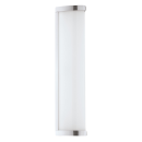 Moderne LED-Wandleuchte in Weiß mit Chromakzenten, schlankes Design, ideal für Flur oder Badezimmer.