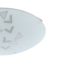 Runde Deckenleuchte aus weißem Glas mit grauen Pfeilmustern, modernes Design, Nahaufnahme auf weißem Hintergrund.