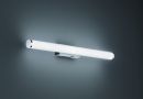 Moderne LED-Wandleuchte in Chrom-Optik, leuchtet an grauer Wand, energiesparende Badezimmerbeleuchtung.