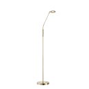 Moderne, goldene Stehleuchte mit rundem Fuß und schwenkbarem, flachem LED-Lampenkopf für Wohnzimmer.