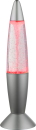 Silberne Lavalampe mit rotem Licht und aufsteigenden Blasen, modernes Deko-Accessoire für Wohnräume.