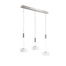 Moderne dreiflammige LED-Pendelleuchte aus Chrom und Glas, höhenverstellbar, ideal für Esszimmer.