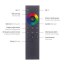 Schwarze Fernbedienung mit RGB-Touchring, Tasten für Dimmen, Farbtemperatur, Szenensteuerung und Nachtlicht.