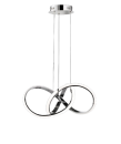 Moderne LED-Hängeleuchte mit drei verchromten, ineinander verschlungenen Ringen vor schwarzem Hintergrund.