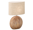 Tischlampe mit rundem Holzfuß und beigem Stoffschirm, modernes Design für Wohnzimmer oder Schlafzimmer.