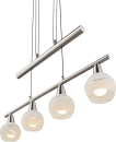 Moderne LED-Hängeleuchte aus Edelstahl mit vier runden, weißen Lampenschirmen für Esszimmer oder Küche.