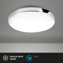Runde LED-Deckenleuchte in neutralweiß 4000K, IP44, chromfarben, für Feuchträume geeignet, an der Decke montiert.
