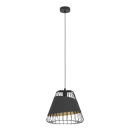 Moderne schwarze Pendelleuchte mit Metallgitter und goldener Innenseite, Design-Hängeleuchte für Wohnzimmer.