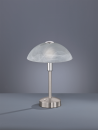 Moderne Tischlampe mit rundem, mattem Glasschirm und silbernem Metallfuß vor grauem Hintergrund.