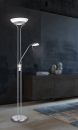 Moderne LED-Stehlampe aus Metall im Wohnzimmer vor dunkler Wand und Sideboard mit Deko-Vasen.