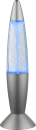 Silberne Lavalampe mit blauem Licht und glitzernden Blasen, moderne Deko für Wohnzimmer oder Büro.