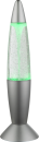 Silberne Lavalampe mit grünem Licht und glitzernden Blasen, modernes Deko-Accessoire für Wohnräume.