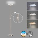 Moderne LED-Stehlampe mit Leselicht, dimmbar, verschiedene Lichtfarben, Touch-Bedienung, silberfarben.