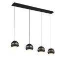 Moderne schwarze Pendelleuchte mit vier runden Lampenschirmen, ideal für Esszimmer oder Küche.