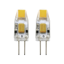 Zwei G4 LED Stiftsockellampen 12V, energiesparende Leuchtmittel mit gelbem Chip auf schwarzem Hintergrund.