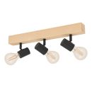 Moderne Deckenleuchte aus Holz mit drei verstellbaren E27-Fassungen und sichtbaren LED-Glühbirnen.