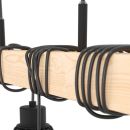 Schwarzes Kabel ist mehrfach um einen hellen Holzbalken gewickelt, moderne Lampenaufhängung sichtbar.