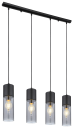Moderne schwarze Pendelleuchte mit vier klaren Glaslampenschirmen, ideal für Esszimmer oder Küche.