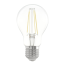 LED-Glühbirne mit E27-Fassung, transparentes Glas, energieeffizient, klassische Birnenform, isoliert.