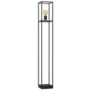 Moderne Stehlampe mit schwarzem, offenem Metallrahmen und sichtbarer Glühbirne im minimalistischen Design.