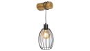 Moderne Wandlampe mit Holzhalterung, schwarzem Metallkäfig und sichtbarer Glühbirne, Industrial Design.