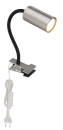 LED-Klemmleuchte aus Metall mit flexiblem Arm, silberfarben, Netzkabel und Schalter, ideal als Leselampe.
