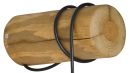 Holzpfosten mit sichtbarer Maserung, schwarzes Kabel spiralförmig darum gewickelt, Schraube links befestigt.