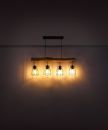 Industrielle Deckenlampe mit vier warm leuchtenden Glühbirnen und Holz, modernes Wohnzimmer-Design.