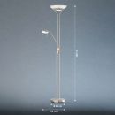 Stehende LED-Deckenfluter-Lampe in Nickel mit Leselicht, Maße: 182 cm hoch, 53 cm breit, 32 cm Durchmesser.