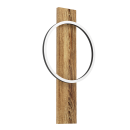 Moderne LED-Wandleuchte aus Holz mit rundem, weißem Leuchtring, minimalistisches Design, Wohnraumbeleuchtung.