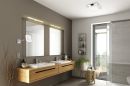 Modernes Badezimmer mit Doppelwaschbecken, großem Spiegel, Glasdusche und stilvoller Dekoration bei Tageslicht.