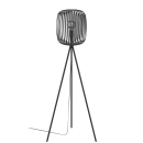 Moderne Stehlampe mit schwarzem Metallgestell, dreibeinigem Standfuß und offenem Lampenschirm, Designlampe.