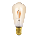 Vintage LED-Glühbirne mit E27-Fassung, goldener Sockel, sichtbare Filamente, warmweißes Licht