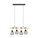 Moderne Hängelampe mit vier schwarzen Gitterlampenschirmen und Holzleiste im Industrial Design.