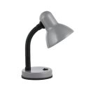 Graue Schreibtischlampe mit flexiblem Hals und rundem Standfuß, ideal für Büro oder Arbeitsplatz.