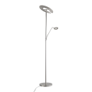 Moderne LED-Stehlampe aus Metall mit Leselicht, rundem Fuß und verstellbarem Arm, energiesparend, silberfarben.