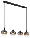 Moderne schwarze Pendelleuchte mit vier rauchgrauen Glaslampenschirmen, ideal für Esszimmer oder Küche.