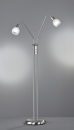 Moderne Stehlampe aus Edelstahl mit zwei verstellbaren Leuchten vor grauem Hintergrund.
